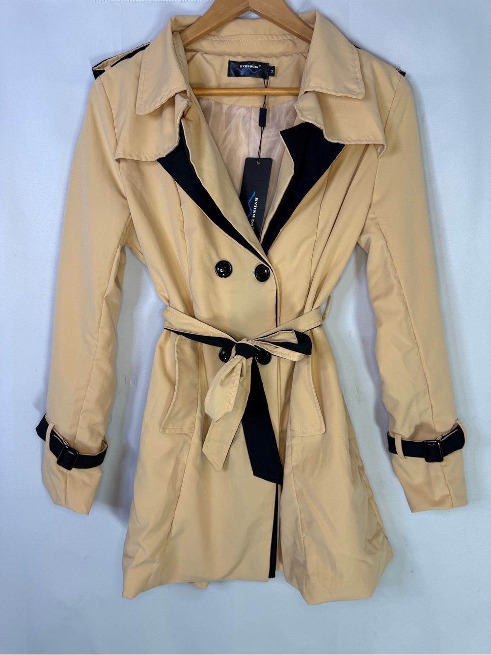 Tan Trench Coat with Black Trim & Details - Size M